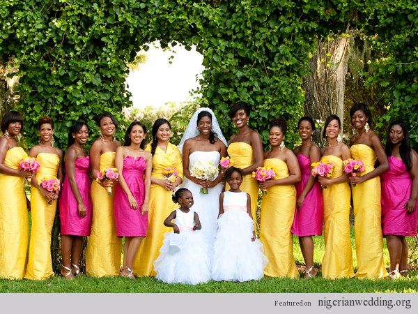 Pink and yellow bridesmaid dresses